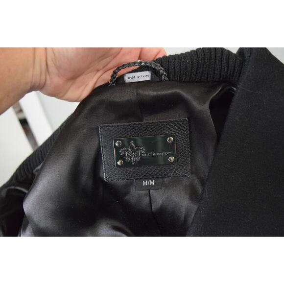 Mackage Coat Womens Medium Wool Blend Double Breasted Collar Black Lether Button - Picture 7 of 9